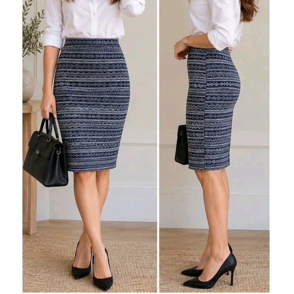River Island Geometric Print Pencil Skirt Size 8 Navy White Stretch Knit